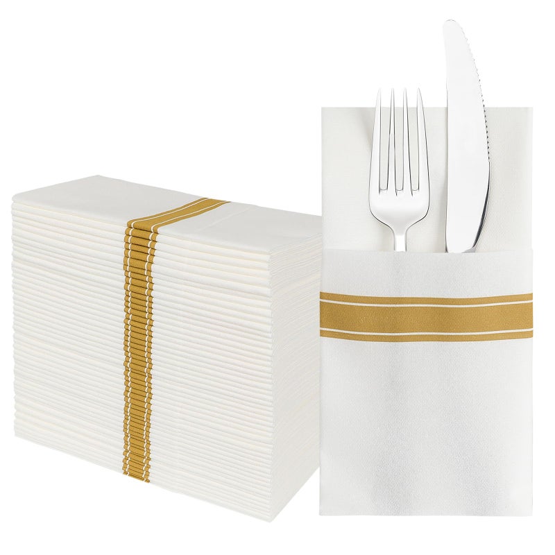 JEBBLAS Disposable Linen Feel Napkins Builtin Flatware Pocket Decorative Wedding Napkins Folded Cloth Like Party Napkin Soft Strong Absorbent and Prefolded 50 Pack Gold Print